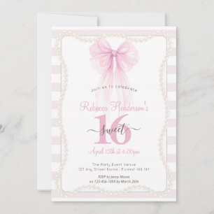 Invitation Rays Préparatoires Rose Nœud Perles Sweet 16