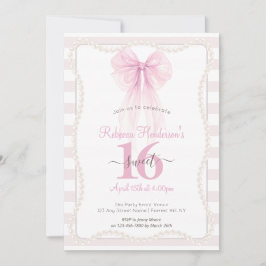 Invitation Rays Préparatoires Rose Nœud Perles Sweet 16 (Devant)