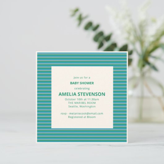 Invitation Rayure Été Bébé Shower Bleu Canard (Debout devant)