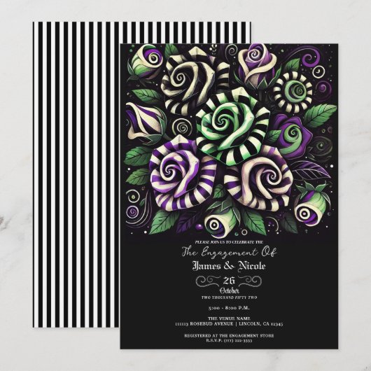 Invitation Rayure Fleurie Violet Vert pour Mariage de Hallowe (Devant / Derrière)