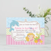 Invitation Rayure rose, dauphin, fête d'anniversaire de (Debout devant)