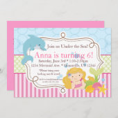 Invitation Rayure rose, dauphin, fête d'anniversaire de (Devant / Derrière)