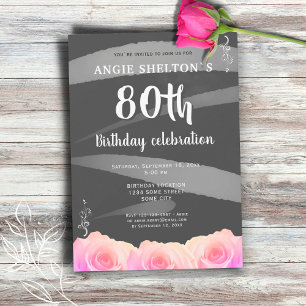 Invitation Rayures Aquarelle Florale Rose Pâle 80ème Annivers