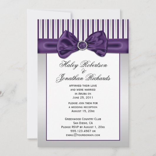 Invitation Rayures Blanches Argent Violet Diamants Après Mari (Devant)