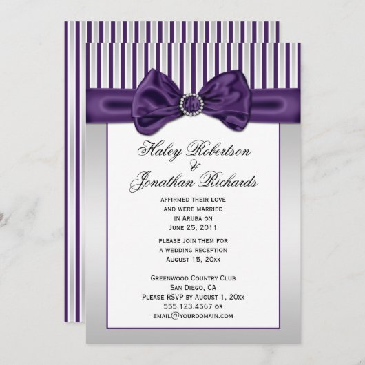Invitation Rayures blanches argentées violettes Diamants Aprè (Devant / Derrière)