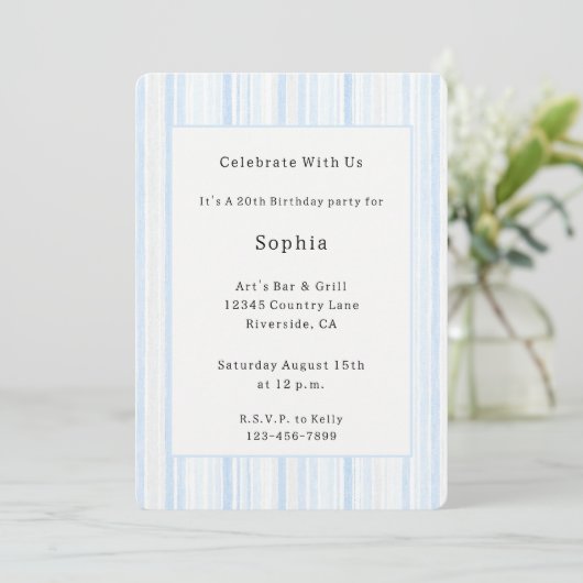 Invitation Rayures Blanches Bleu Clair Anniversaire (Debout devant)
