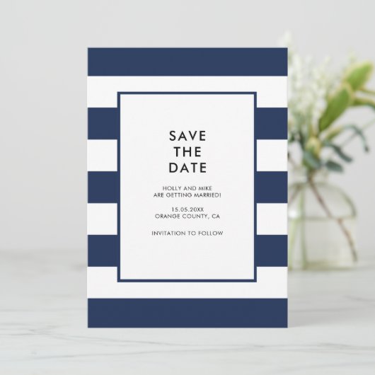 Invitation Rayures blanches de la marine Chic Simple Moderne (Debout devant)
