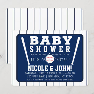 Invitation Rayures Blanches et Bleues Baby Shower Baseball