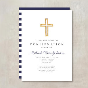 Invitation Rayures Bleu Marine Croix Religieuse Garçon Confir