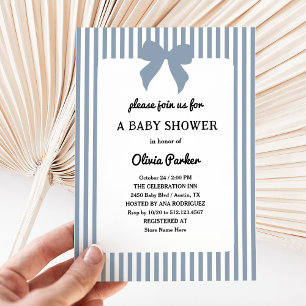 Invitation Rayures Bleu Poussiéreux et Nœud Tendance   Baby S