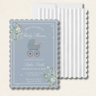 Invitation Rayures bleues Berceau de bébé Shower Scallopé