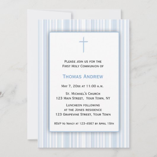 Invitation Rayures bleues, première communion (Devant)