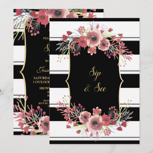 Invitation Rayures Chic Fleurs Aquarelle Sip & See (Devant / Derrière)