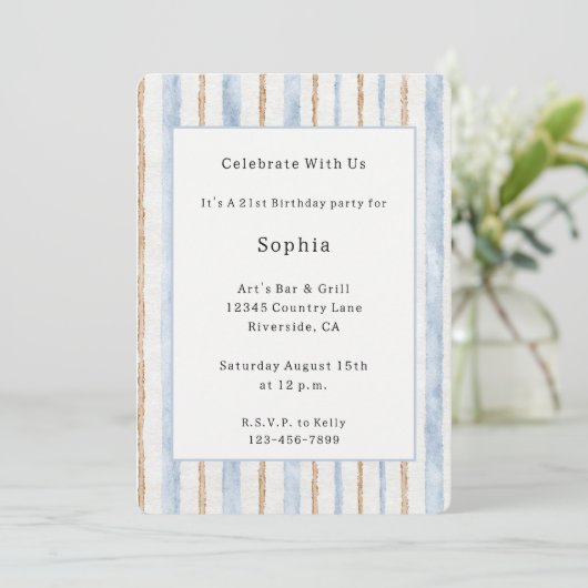 Invitation Rayures Crème Bleu Marron Anniversaire (Debout devant)