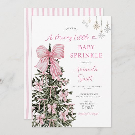 Invitation Rayures de Baby Sprinkle de Noël Rose (Devant / Derrière)