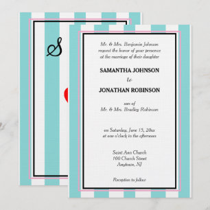 Invitation Rayures de plage bleues blanches roses pour mariag