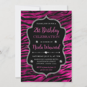 Invitation Rayures de Tigre Pailletées Rose et Noir 21ème Ann