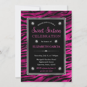 Invitation Rayures de tigre pailletées rose et noir pour un S