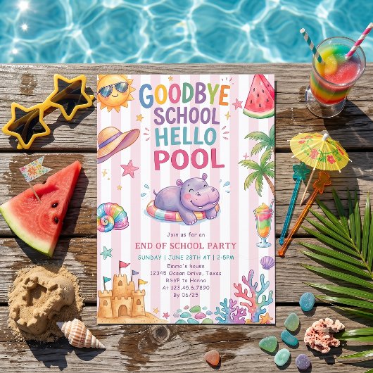 Invitation Rayures de Vacances Piscine Bonjour