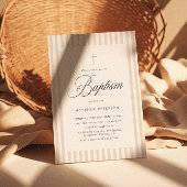 Invitation Rayures Élégantes Baptême Calligraphie Beige
