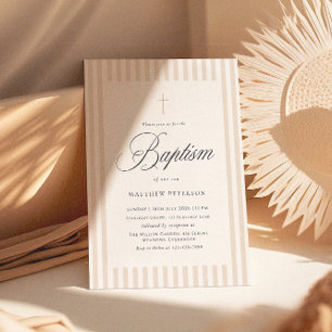 Invitation Rayures Élégantes Baptême Calligraphie Beige