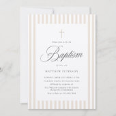 Invitation Rayures Élégantes Baptême Calligraphie Beige (Devant)