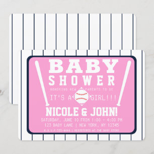 Invitation Rayures fines rose bleu et blanc Baseball Baby Sho