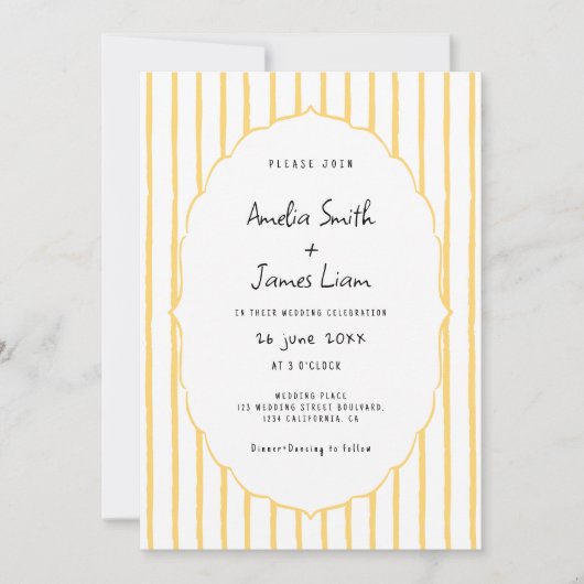 Invitation rayures jaunes mariage écrit à la main (Devant)