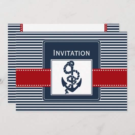 Invitation rayures marines, ancre, mariage nautique (Devant / Derrière)