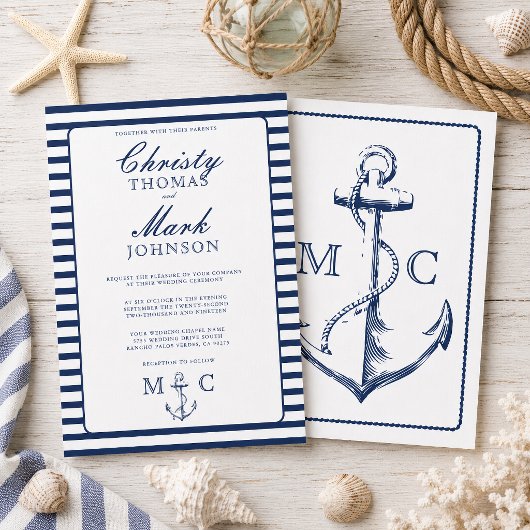 Invitation Rayures Nautiques Mariage Ancre Navy