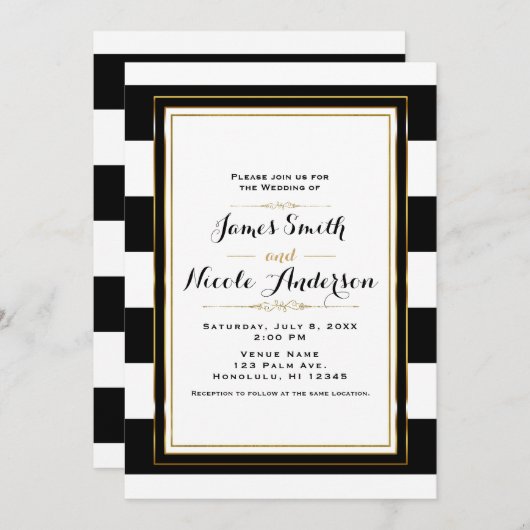 Invitation Rayures Noir & Blanc Or Chic Élégant Mariage (Devant / Derrière)