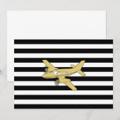 Invitation Rayures noires et blanches & avion doré  (Devant / Derrière)