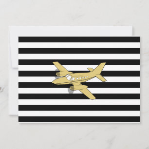 Invitation Rayures noires et blanches et avion en or