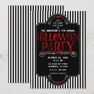 Invitation Rayures noires et blanches Fête gothique rouge d'H