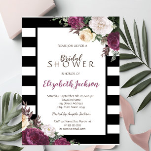Invitation Rayures noires et blanches Fleurs Mariage civil