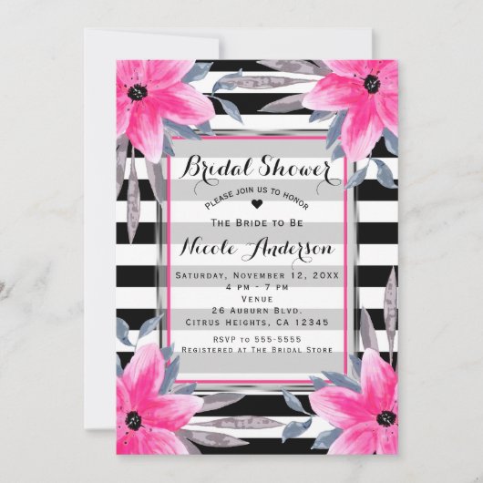 Invitation Rayures noires et blanches Fleurs roses Botanique (Devant)