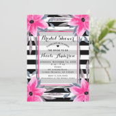 Invitation Rayures noires et blanches Fleurs roses Botanique (Debout devant)