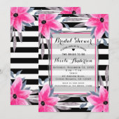 Invitation Rayures noires et blanches Fleurs roses Botanique (Devant / Derrière)
