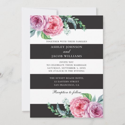 Invitation Rayures noires et blanches florales. Fleurs roses (Devant)