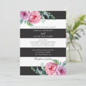 Invitation Rayures noires et blanches florales. Fleurs roses (Debout devant)