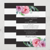 Invitation Rayures noires et blanches florales. Fleurs roses (Devant / Derrière)