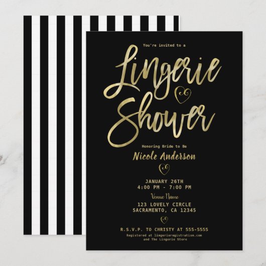 Invitation Rayures noires et blanches Glam lingerie dorée dou (Devant / Derrière)