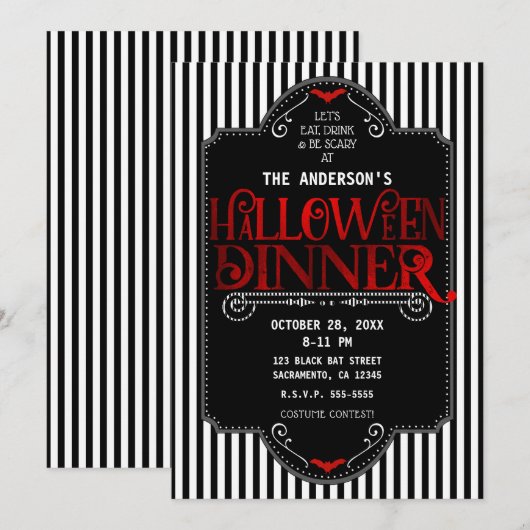 Invitation Rayures noires et blanches Gothique rouge Hallowee (Devant / Derrière)