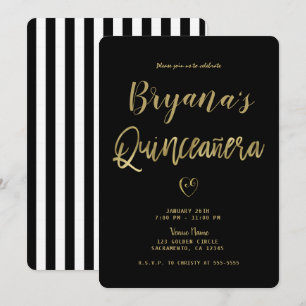 Invitation Rayures noires et blanches Or Chic 15 ans Quinceañ