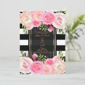 Invitation Rayures noires et blanches Or rose floral Mariage (Debout devant)
