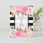 Invitation Rayures noires et blanches Or Rose Floral Mariage (Debout devant)