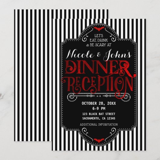 Invitation Rayures noires et blanches Réception de dîner goth (Devant / Derrière)