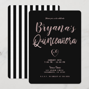 Invitation Rayures noires et blanches Rose Gold 15 Quinceañer