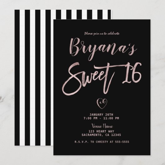 Invitation Rayures noires et blanches Rose or rose Chic Douce (Devant / Derrière)