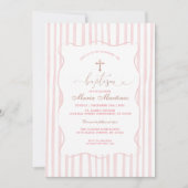 Invitation Rayures Rose Pâle Baptême pour Fille (Devant)